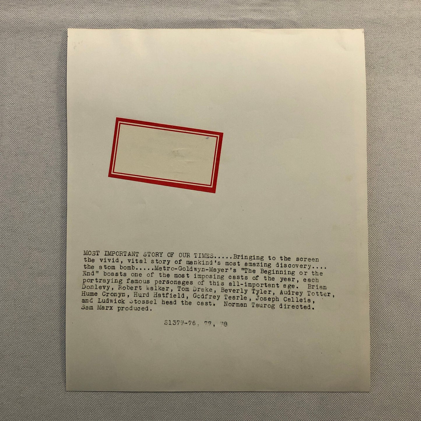 Vintage Movie Film Photo Photograph The Beginning or The End Hume Cronyn +