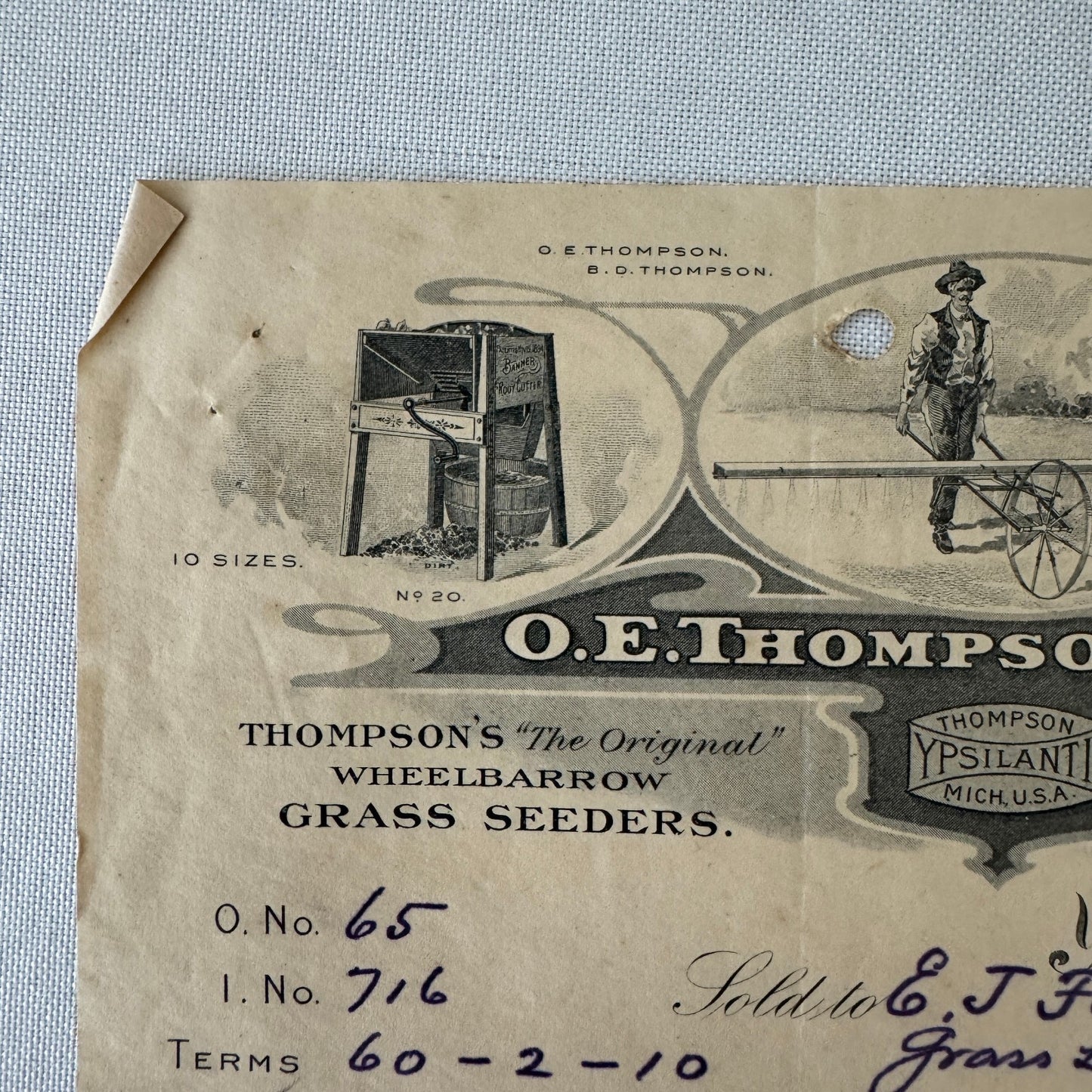 OE Thompson Receipt Letterhead Document Ypsilanti Michigan 1908 Wheelbarrow Tool