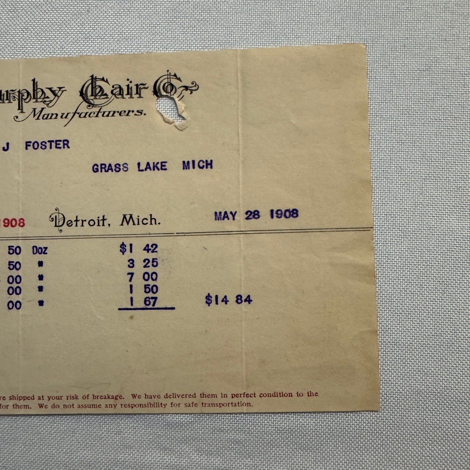 Murphy Chair Company Detroit Michigan Receipt Document Letterhead 1908 Lot 2x