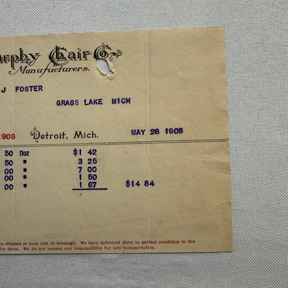 Murphy Chair Company Detroit Michigan Receipt Document Letterhead 1908 Lot 2x