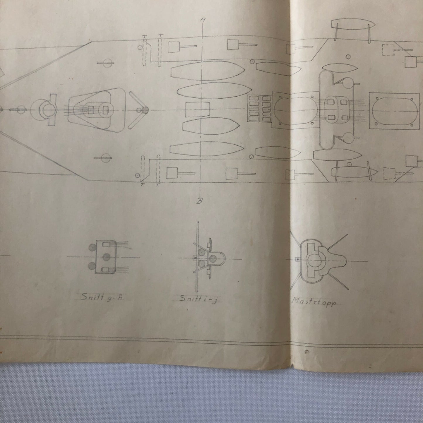 Antique 1928 Boat Ship Design Rendering - GM Ross Pencil Illustration ? 