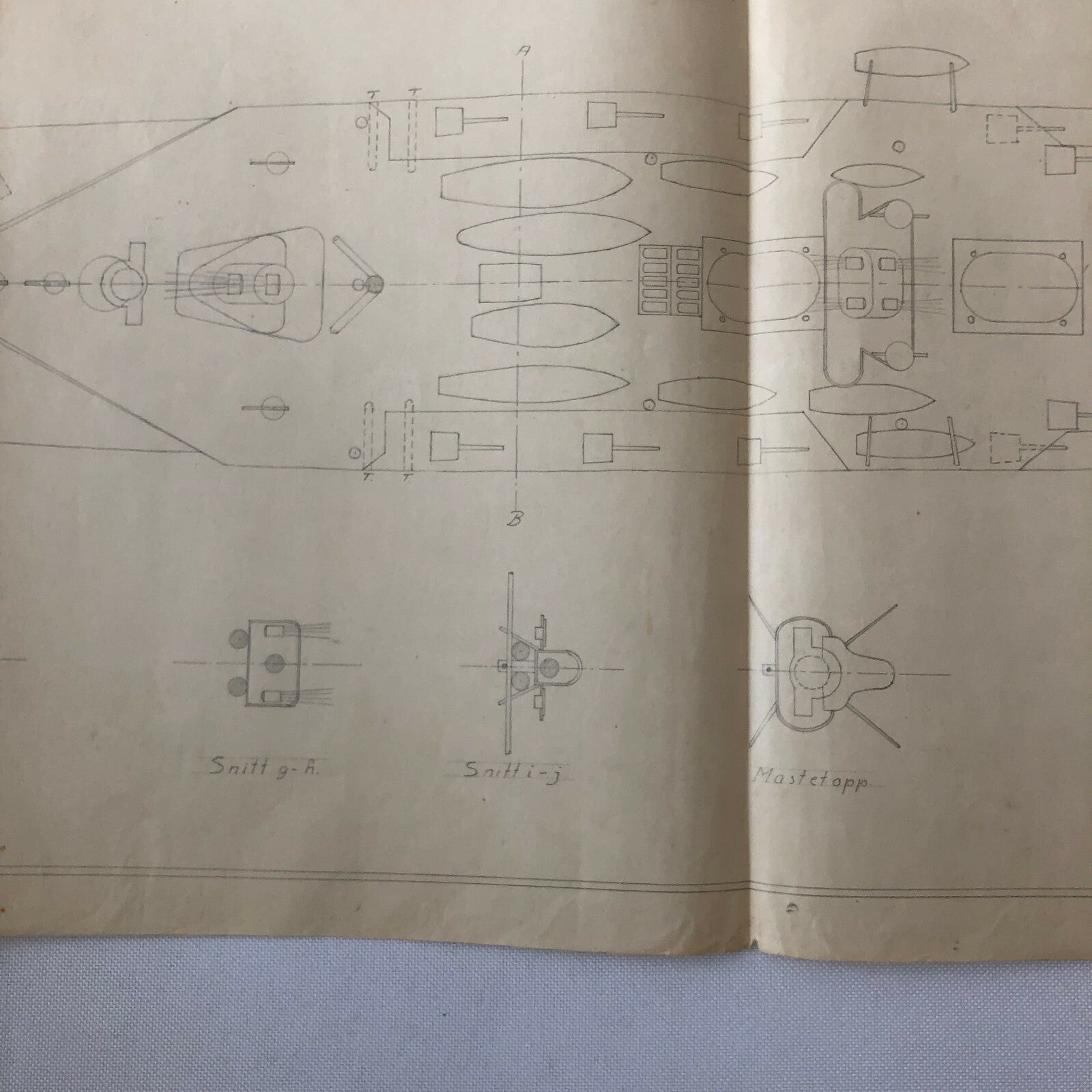 Antique 1928 Boat Ship Design Rendering - GM Ross Pencil Illustration ? 