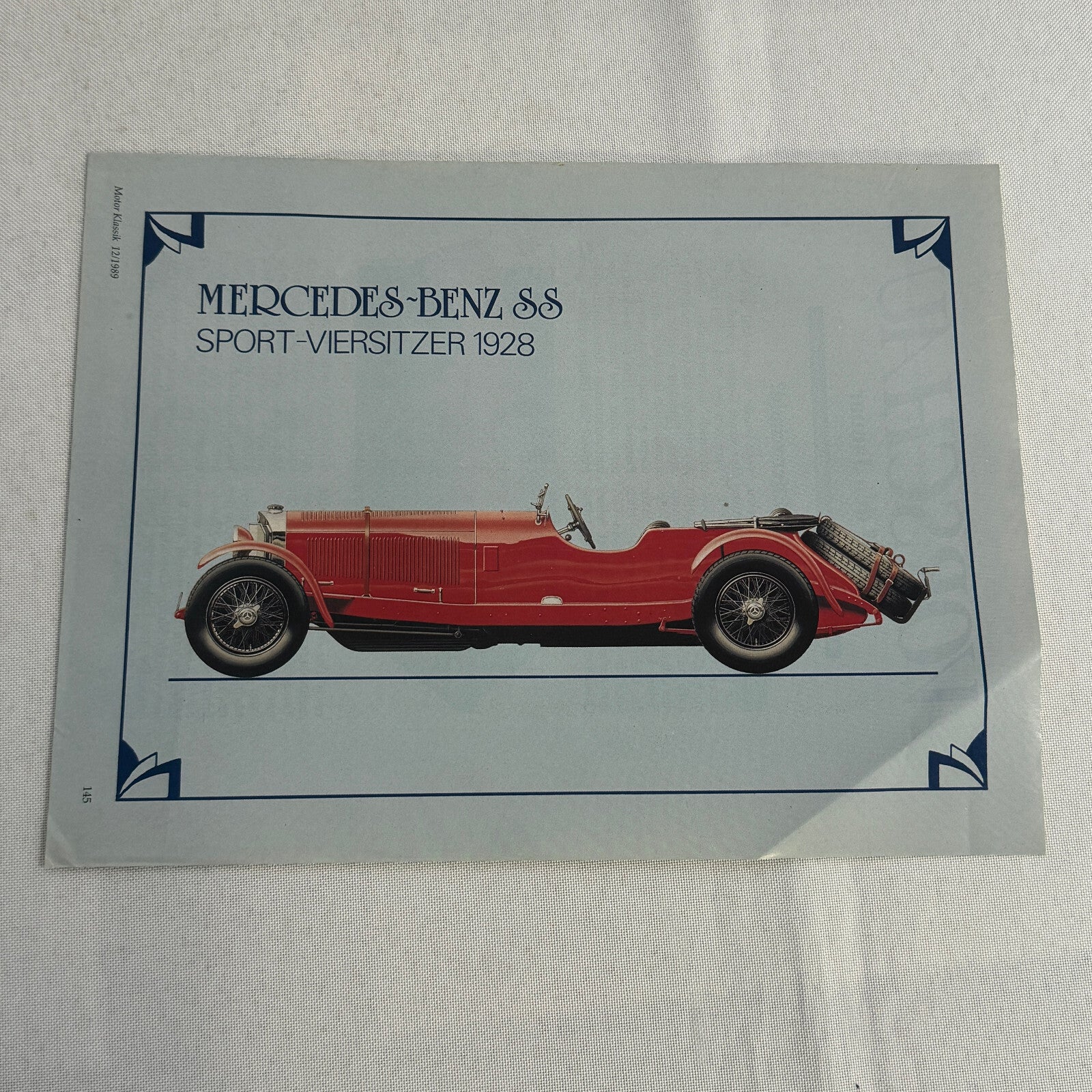 1928 Mercedes Benz SS Sport Versitzer Car Illustration Hand Drawn Art Vintage