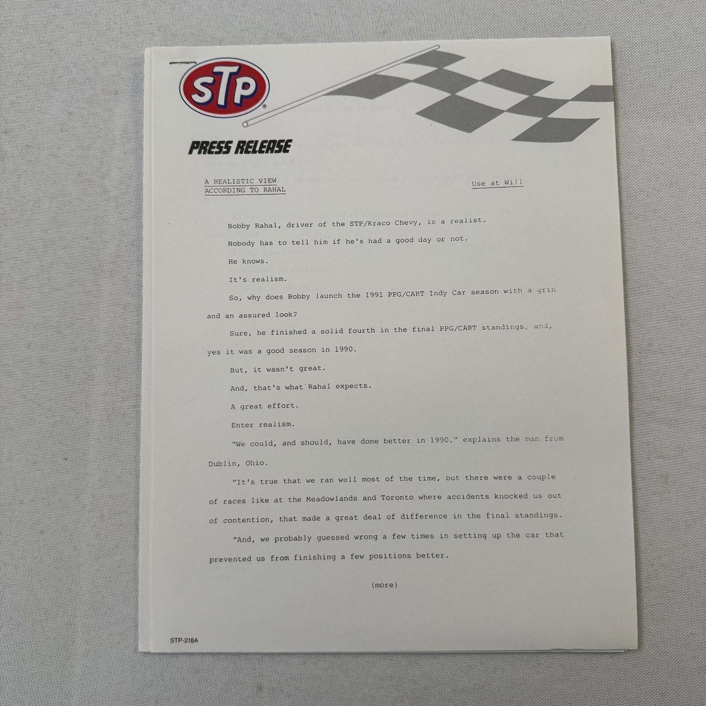 STP Racing Bobby Rahal Kraco Chevy Chevrolet CART PPG Racing Press Kit Brochure