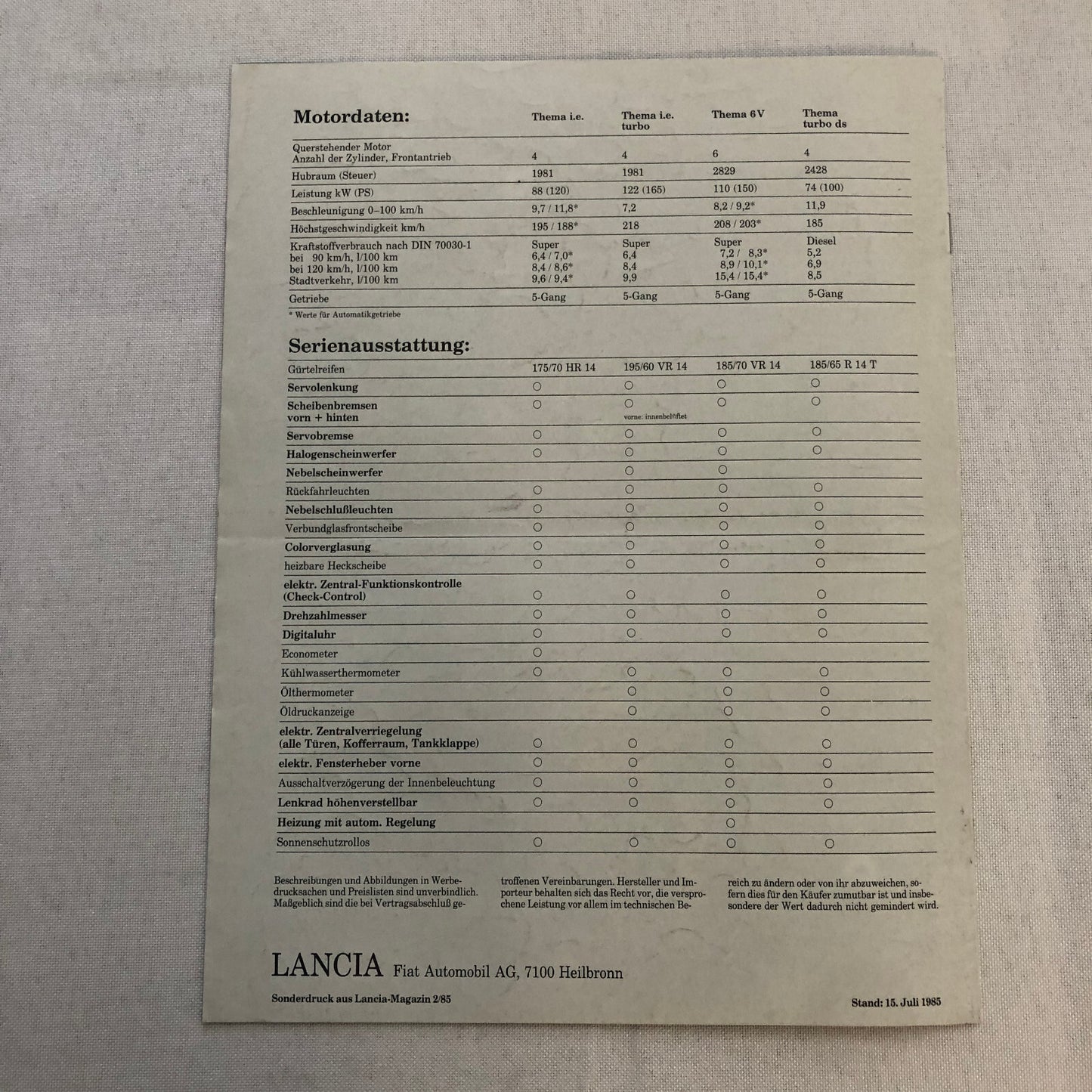 1985 Lancia Thema Car Sales Brochure Catalog German Turbo