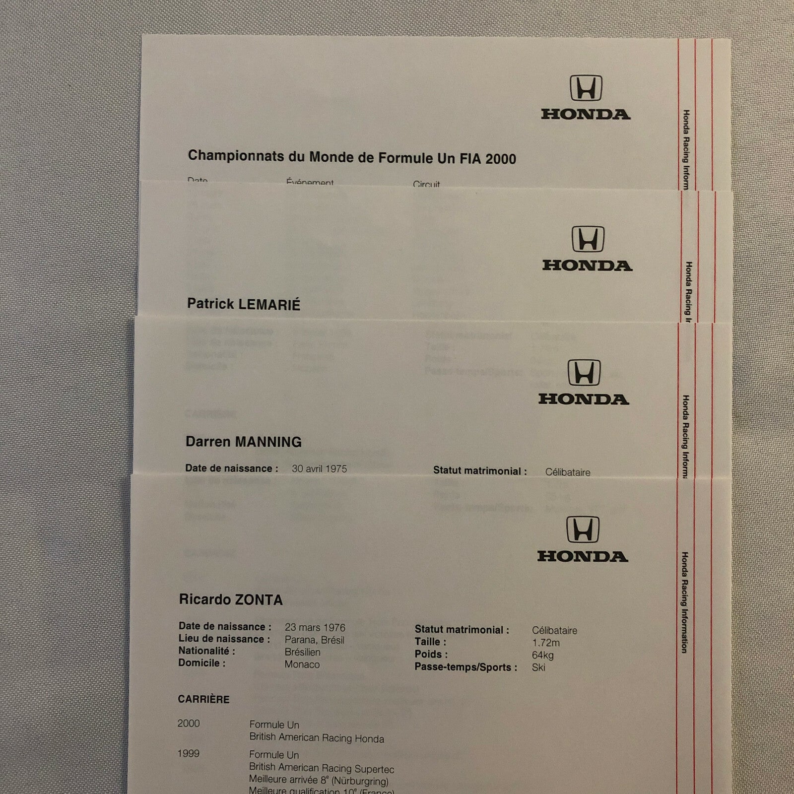 2000 Honda Formula 1 F1 Racing Press Kit Jacques Villeneuve Ricardo Zonta FRENCH