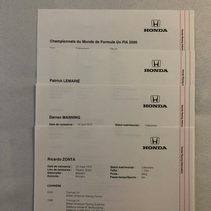 2000 Honda Formula 1 F1 Racing Press Kit Jacques Villeneuve Ricardo Zonta FRENCH