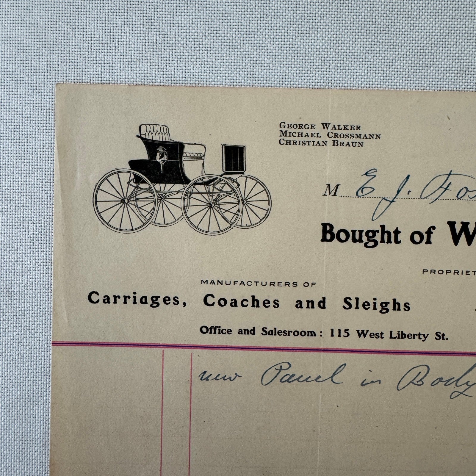 Walker and Company Receipt Letterhead Document 1908 Carriage Sleigh Ann Arbor MI