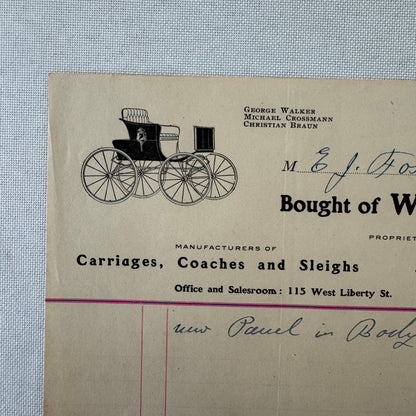 Walker and Company Receipt Letterhead Document 1908 Carriage Sleigh Ann Arbor MI