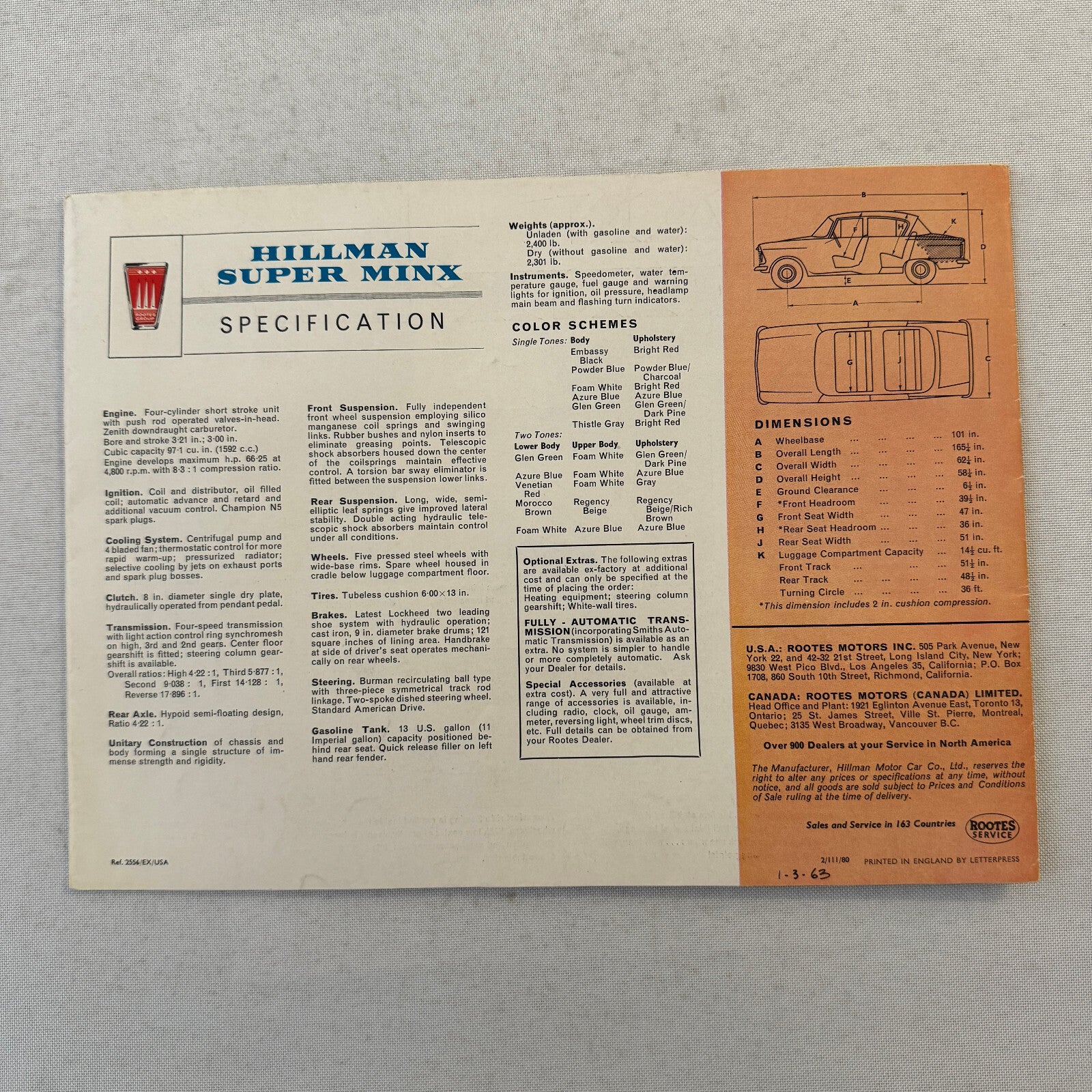 Hillman Super Minx Car Sales Brochure Catalog Advertising Vintage