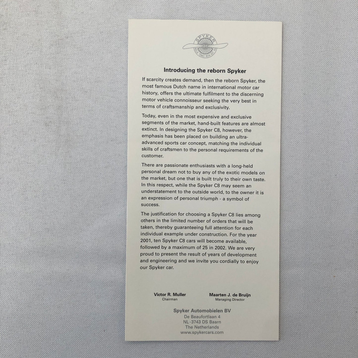 Spyker C8 Spyder Car Sales Brochure Catalog