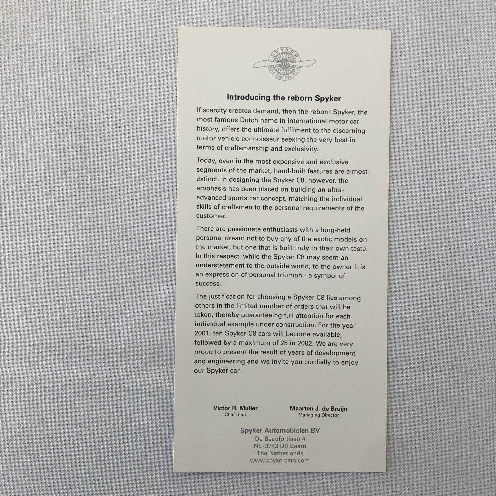 Spyker C8 Spyder Car Sales Brochure Catalog