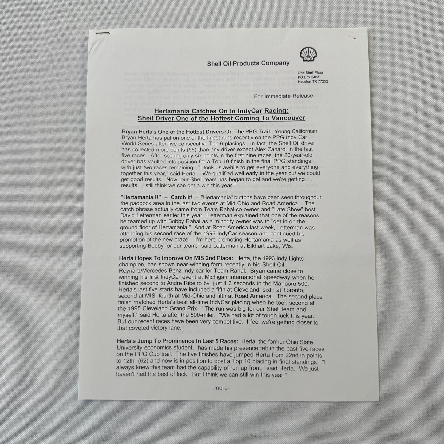 1996 PPG Indy Car Racing Shell Team Bobby Rahal Bryan Herta Press Kit Brochure