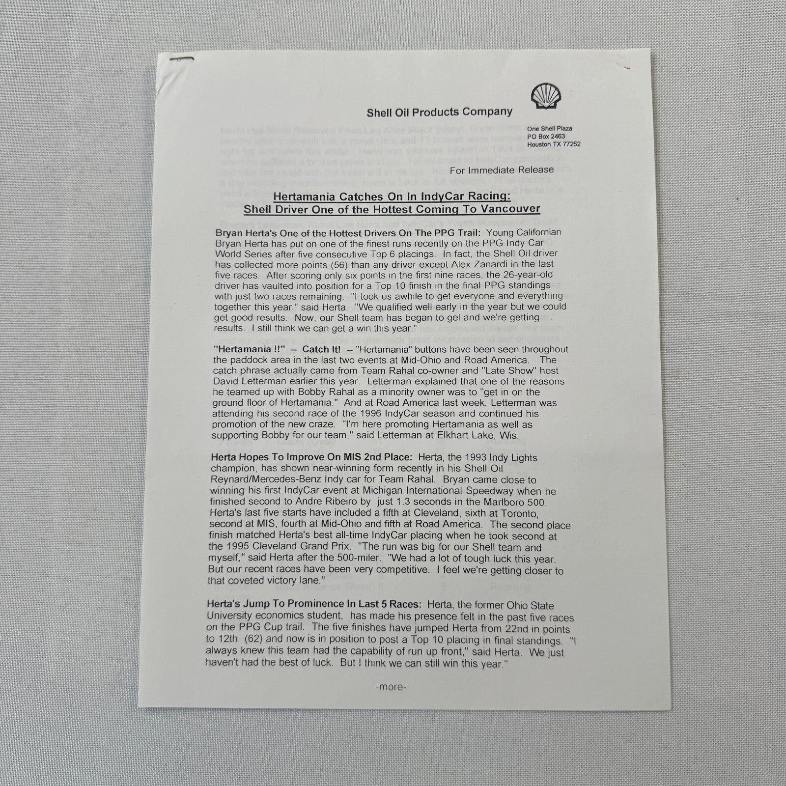 1996 PPG Indy Car Racing Shell Team Bobby Rahal Bryan Herta Press Kit Brochure