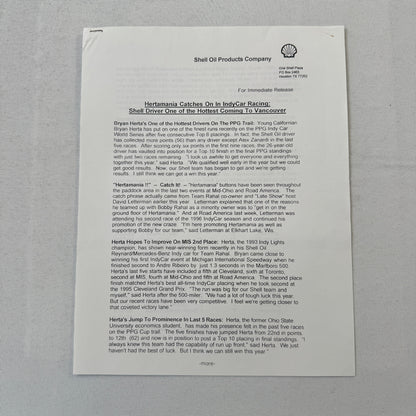 1996 PPG Indy Car Racing Shell Team Bobby Rahal Bryan Herta Press Kit Brochure