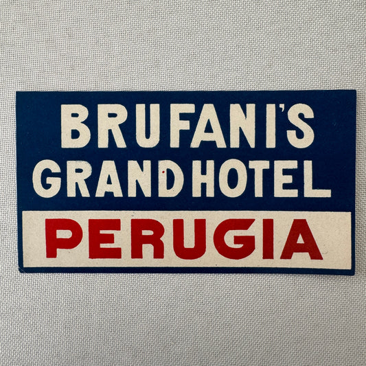 Vintage Hotel Travel Luggage Label Brufani Grand Hotel Perugia Italy Italian