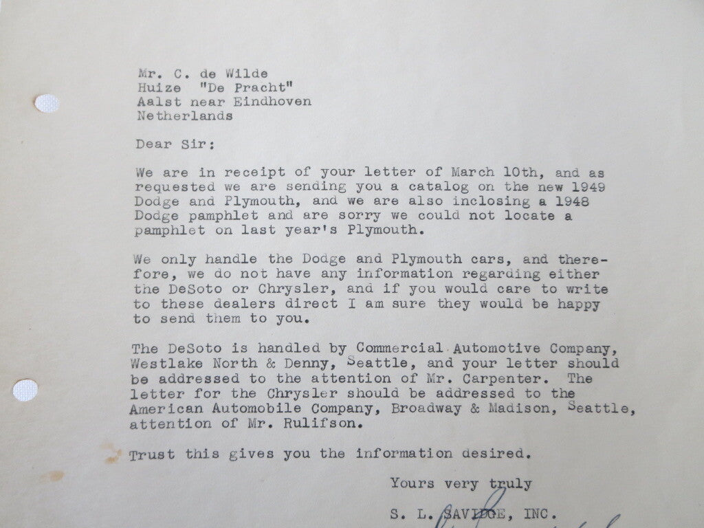 1949 & 1951 S.L. Savidge Motors Dodge Plymouth Letter Letterhead Document 