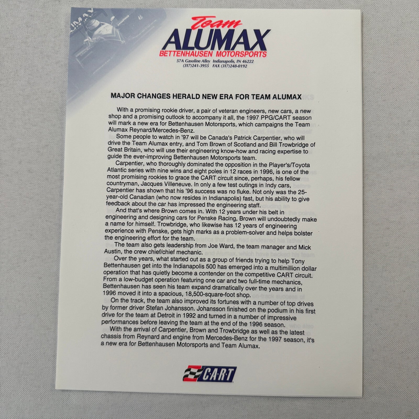 Bettenhausen Alumax Racing Press Kit Brochure 1997 CART Patrick Carpentier