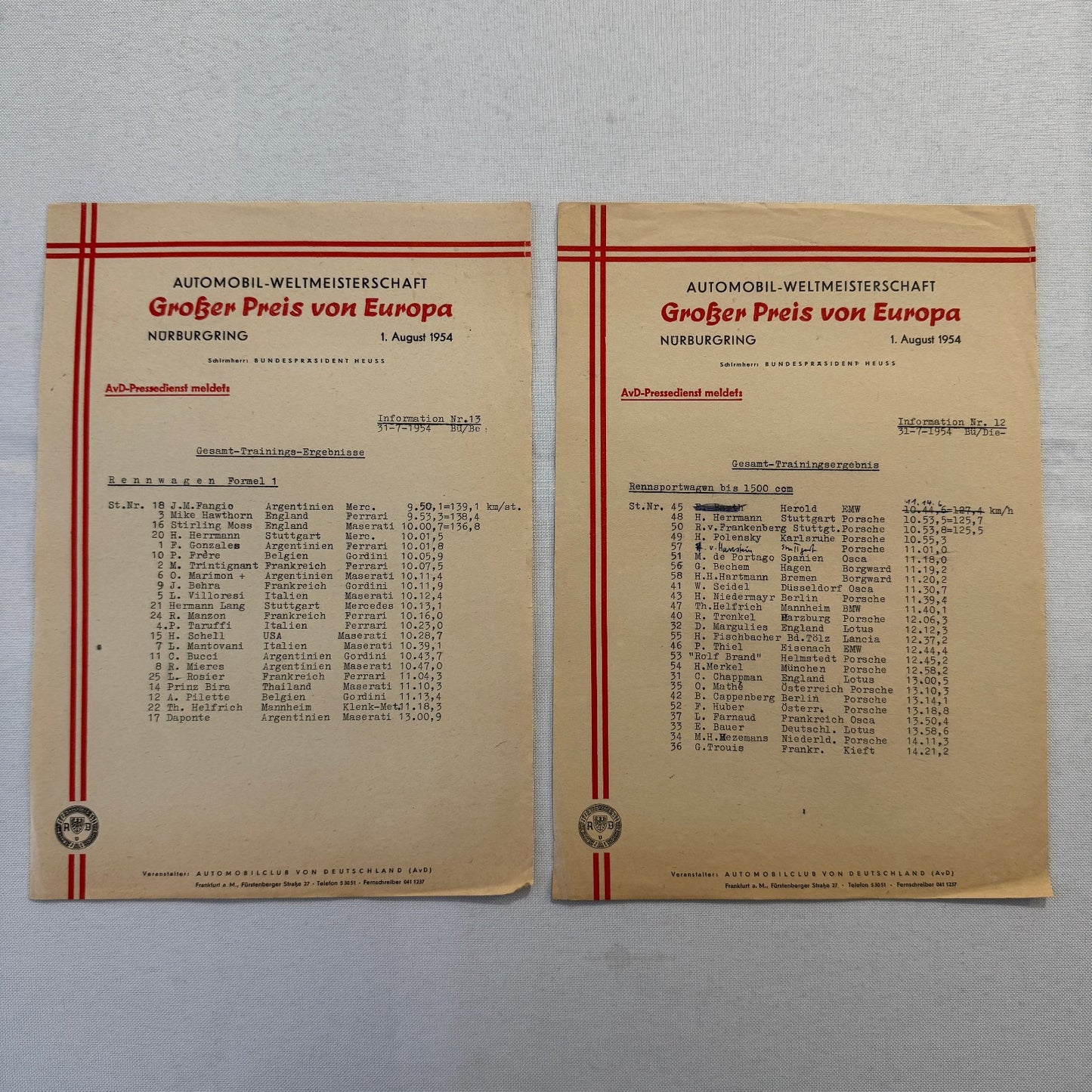 1954 AVD European Grand Prix at Nurburgring Racing Race Document Lot 2x