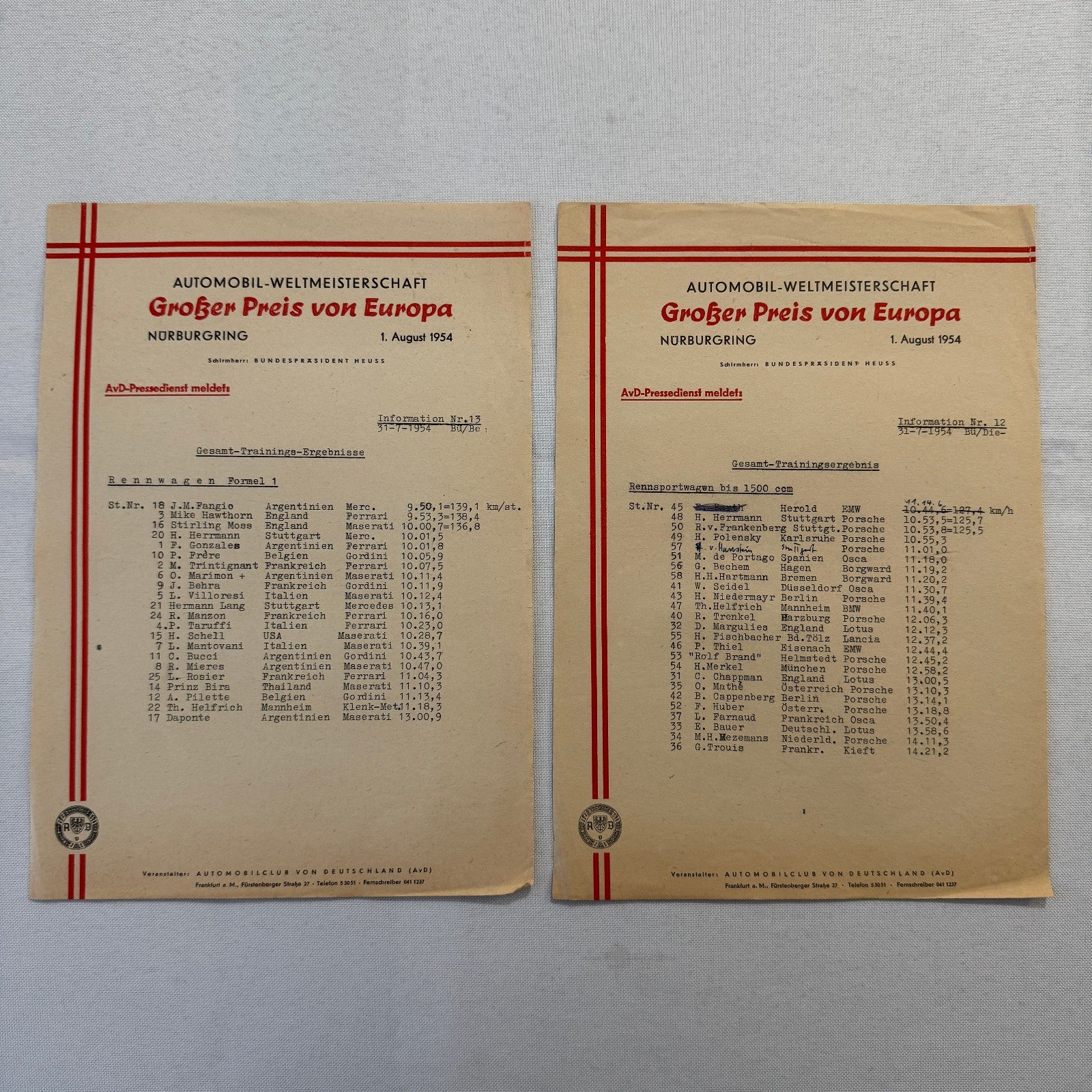 1954 AVD European Grand Prix at Nurburgring Racing Race Document Lot 2x