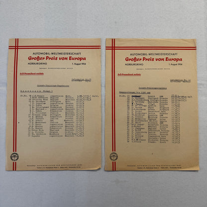 1954 AVD European Grand Prix at Nurburgring Racing Race Document Lot 2x
