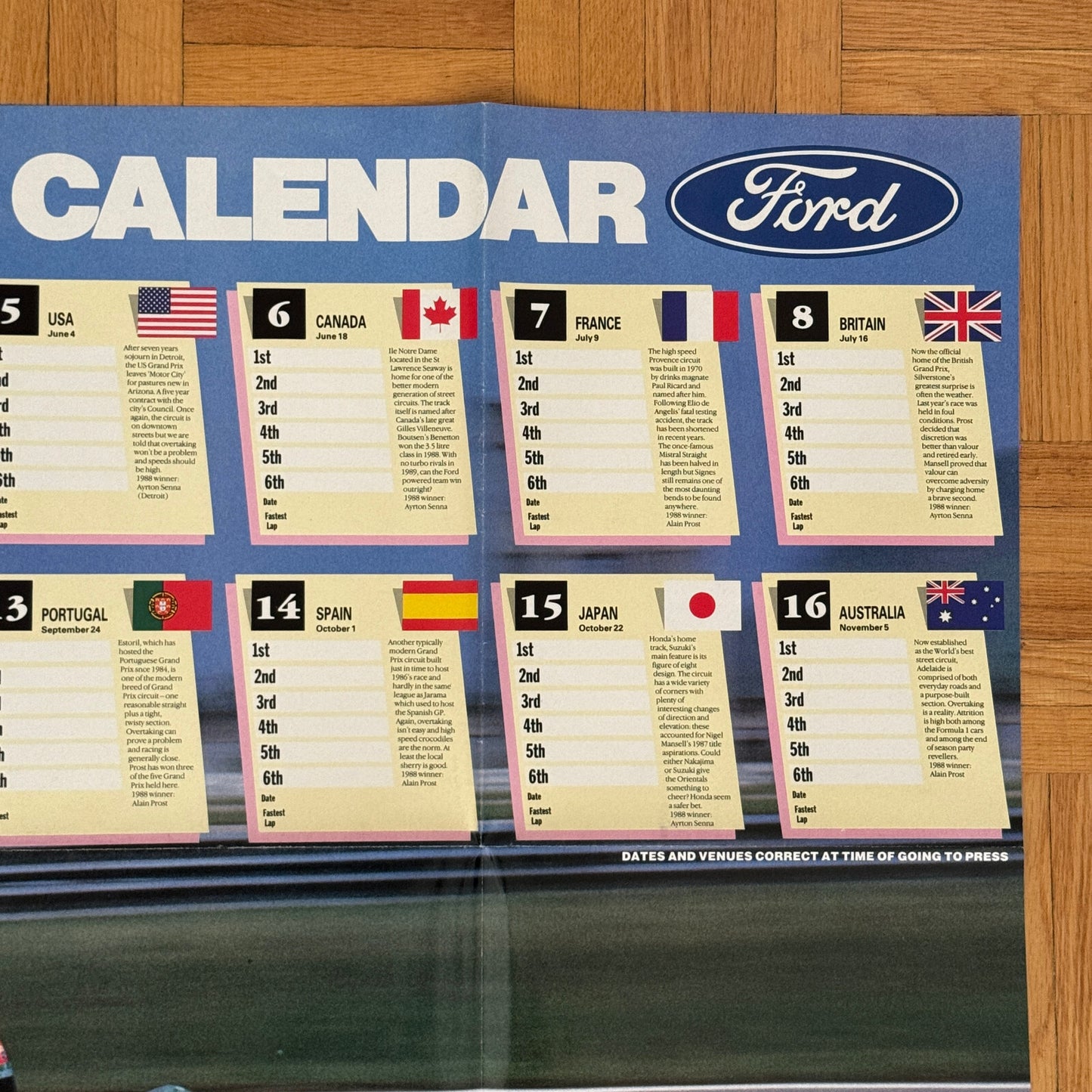 1989 Formula One Grand Prix Racing Calendar Poster Benetton Ford Car