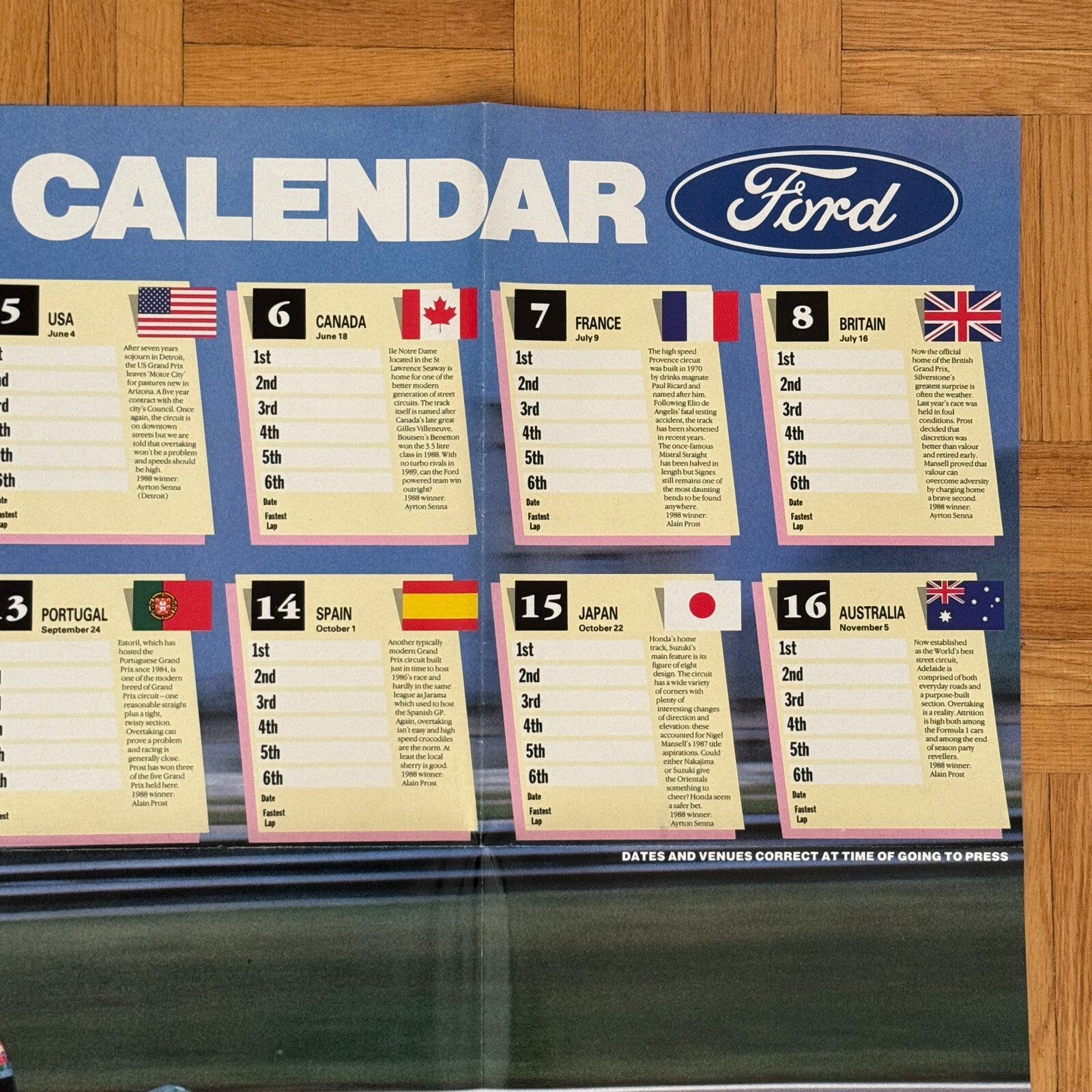 1989 Formula One Grand Prix Racing Calendar Poster Benetton Ford Car