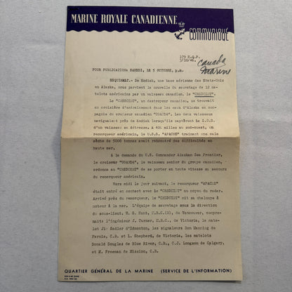 1946 Royal Canadian Navy Press Release Document HMCS Crescent Vintage FRENCH