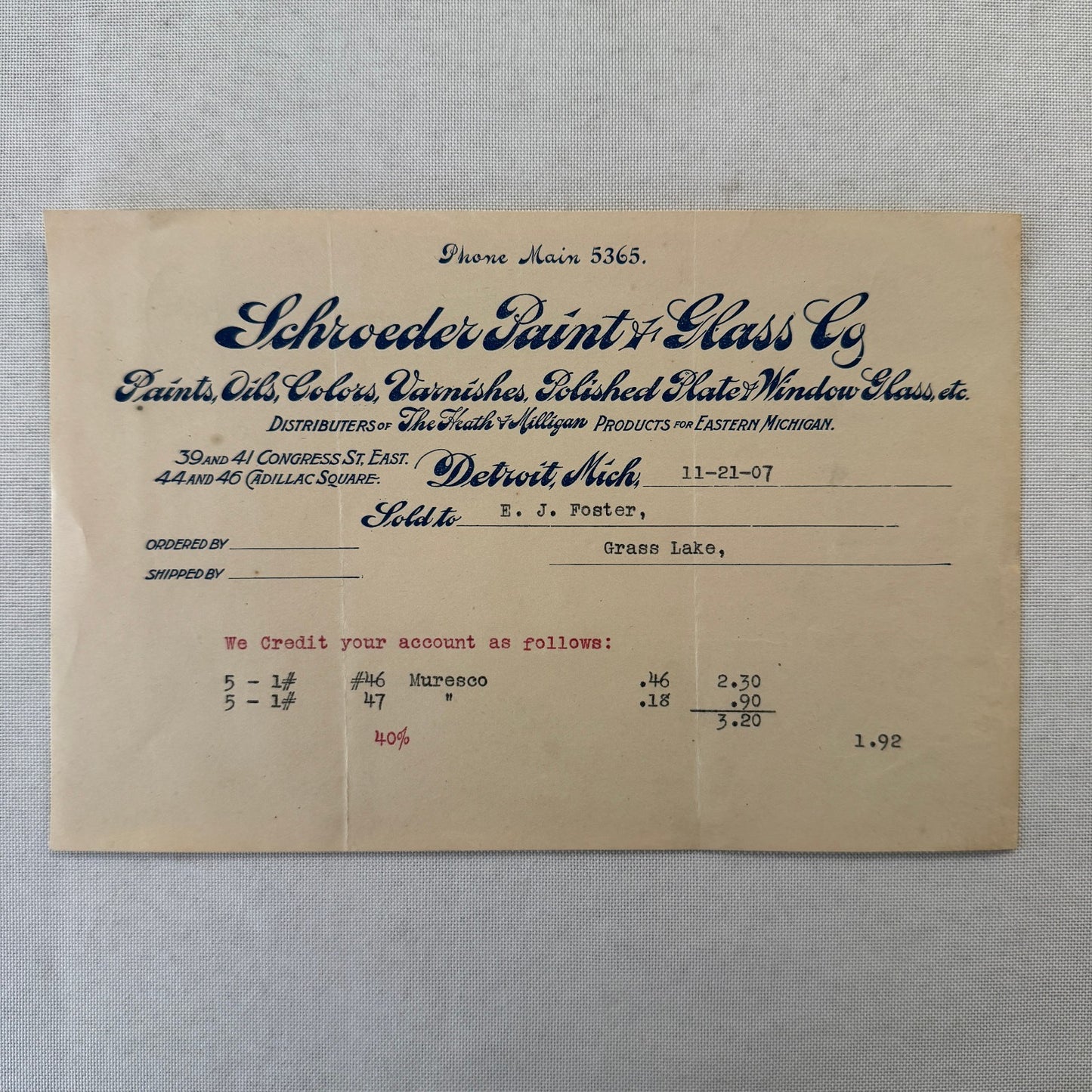 Schroeder Paint & Glass Company Detroit Michigan 1908 Receipt Document Lot 5x