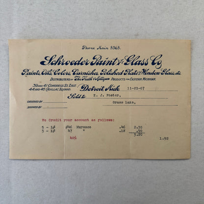 Schroeder Paint & Glass Company Detroit Michigan 1908 Receipt Document Lot 5x