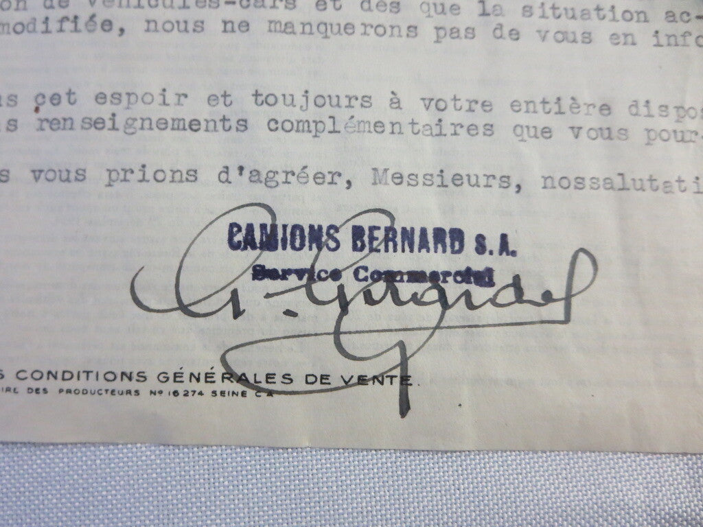 1946 Camions Bernard Truck Company Letter Letterhead Document 