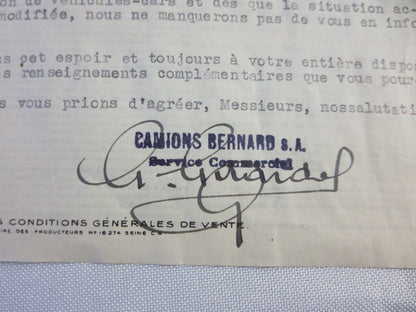 1946 Camions Bernard Truck Company Letter Letterhead Document 