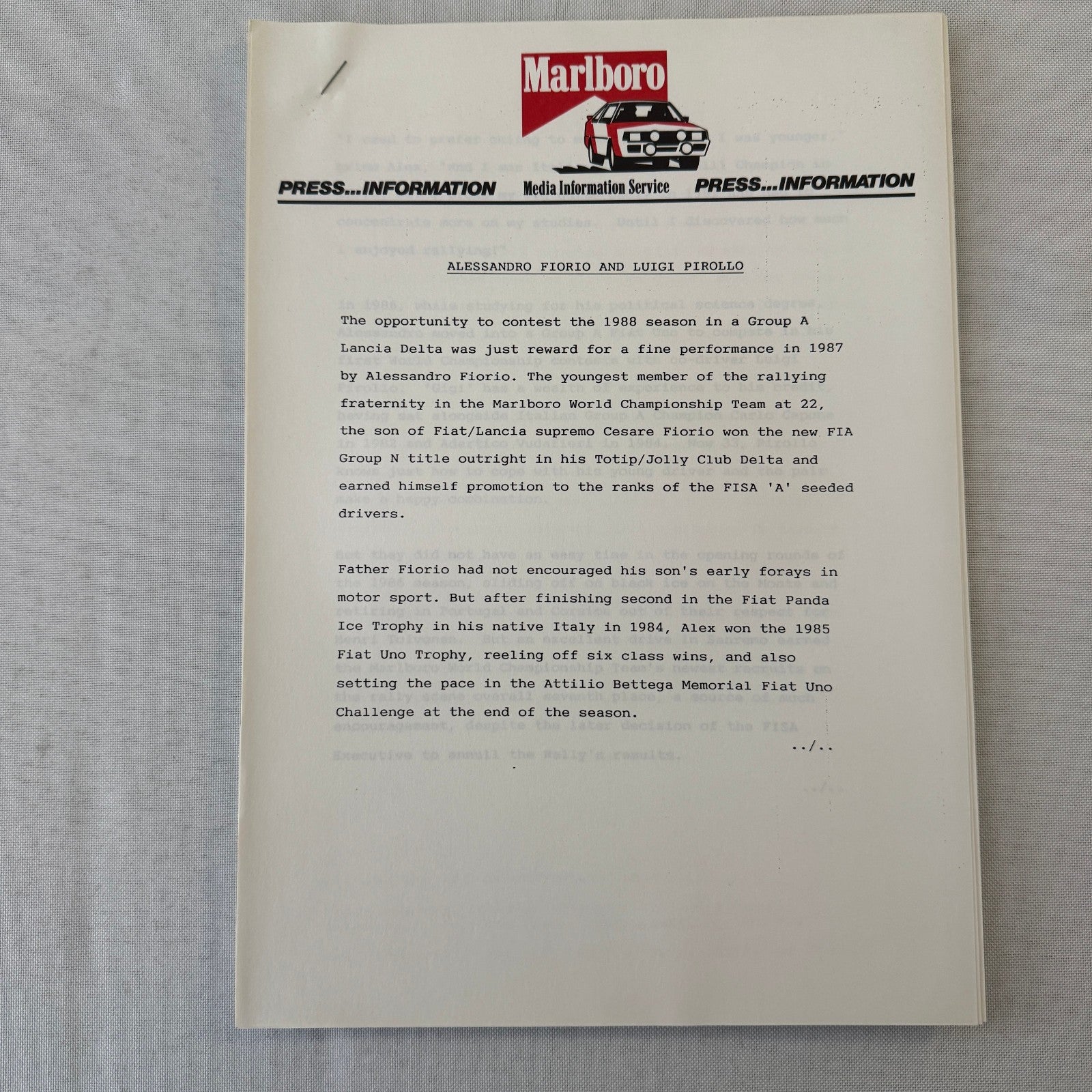 1988 Marlboro Rally Racing World Championship Press Kit Mazda Lancia Toyota