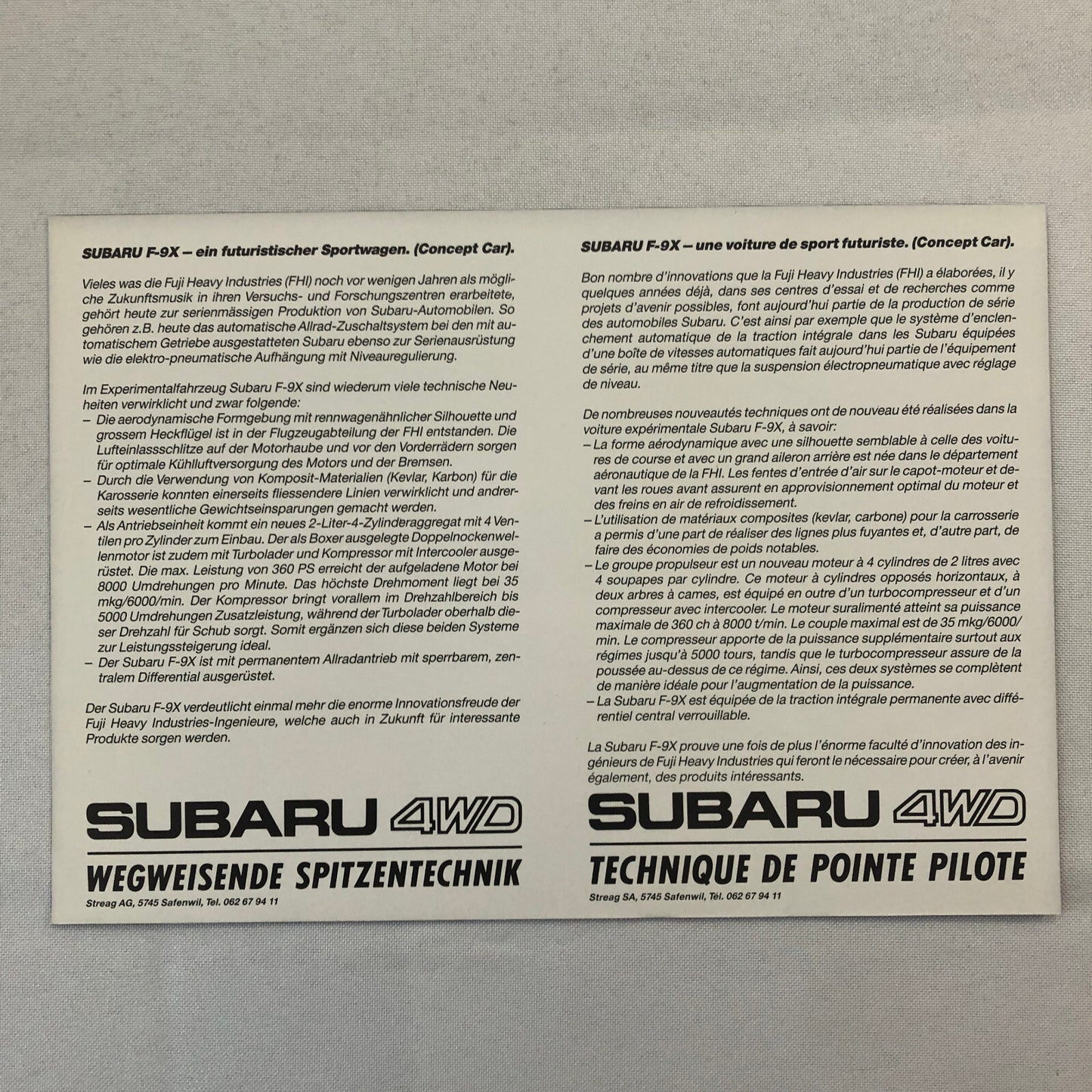 Subaru 4WD Future F-9X Experimental Concept Car Prototype Brochure French German