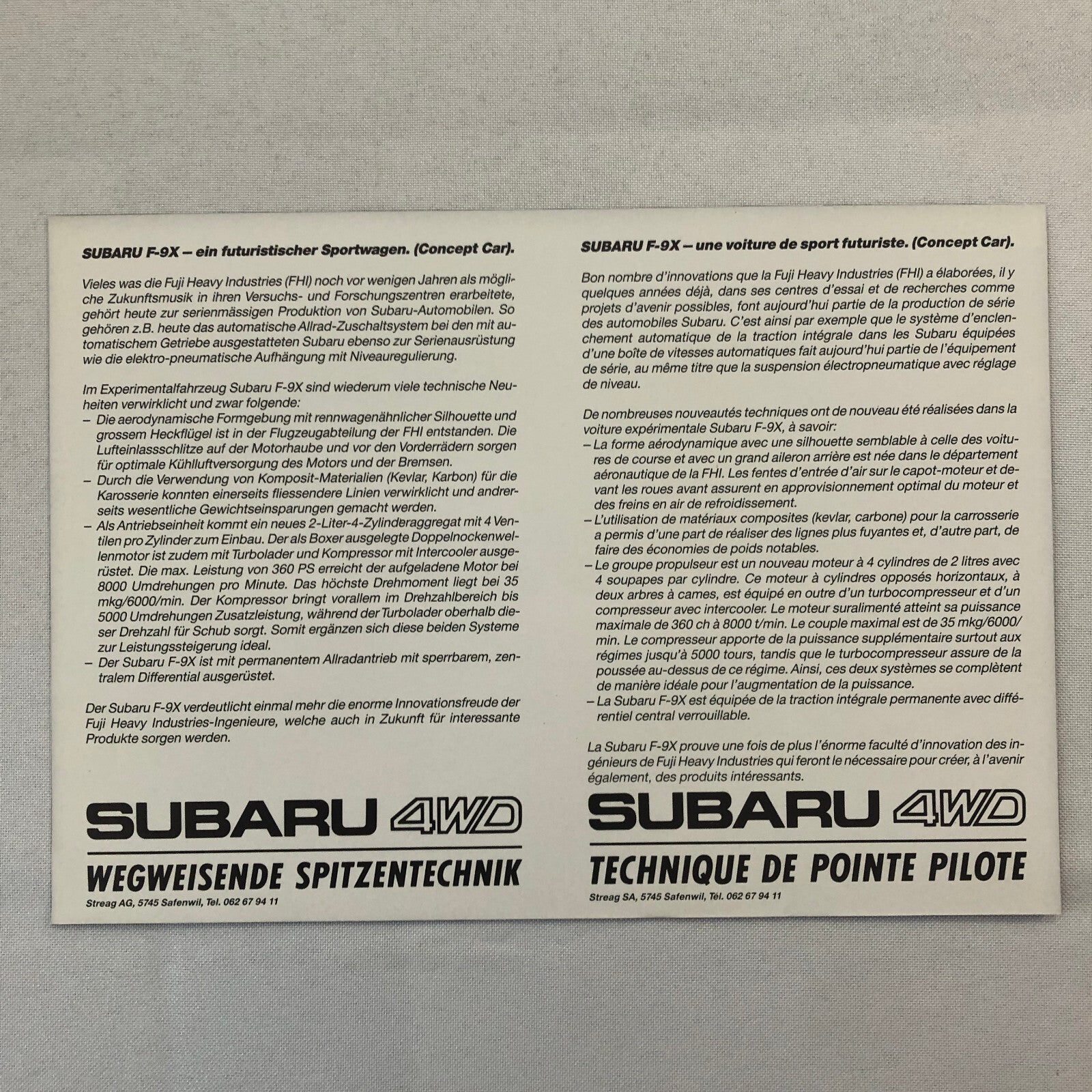 Subaru 4WD Future F-9X Experimental Concept Car Prototype Brochure French German