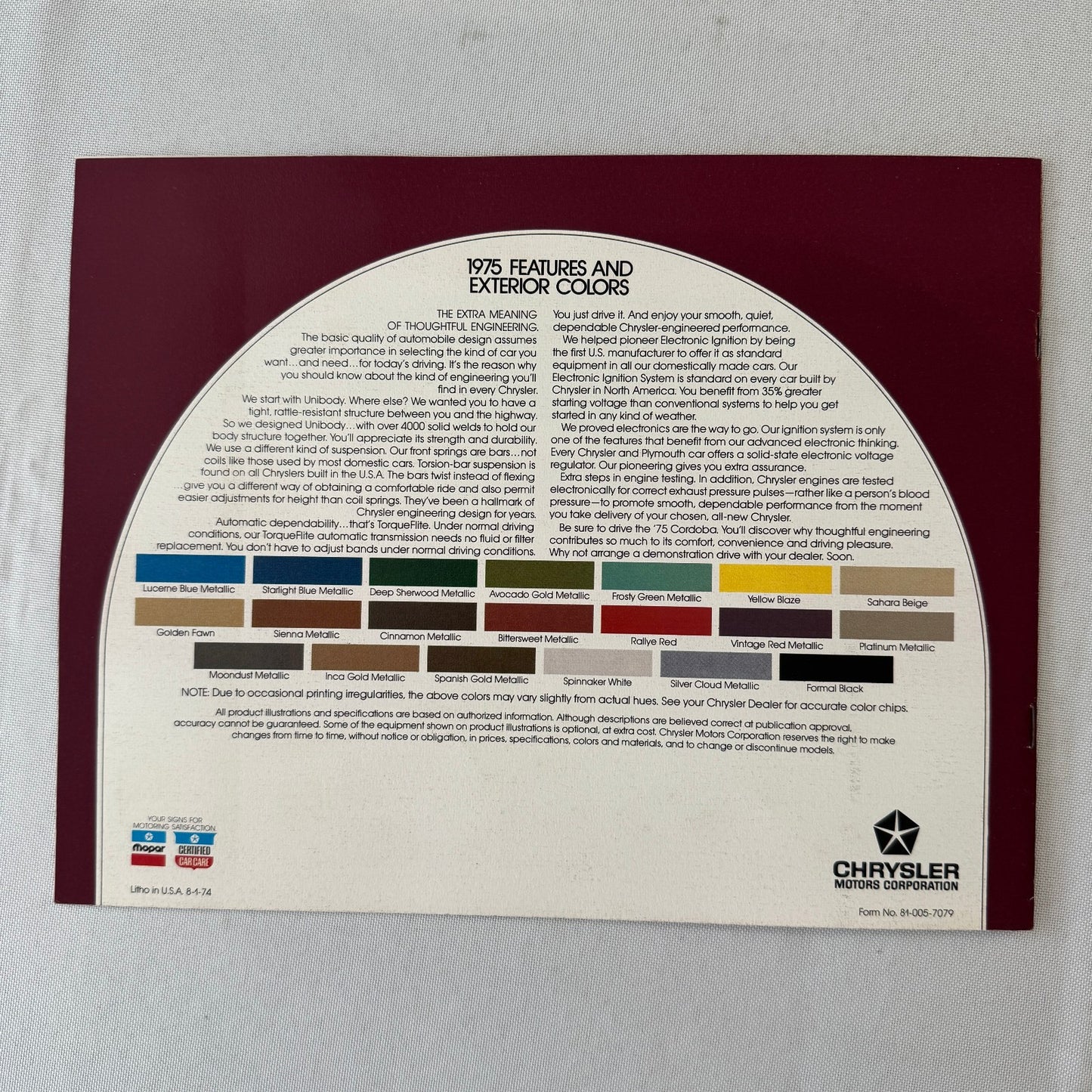 1975 Chrysler Cordoba Car Sales Brochure Catalog Advertising