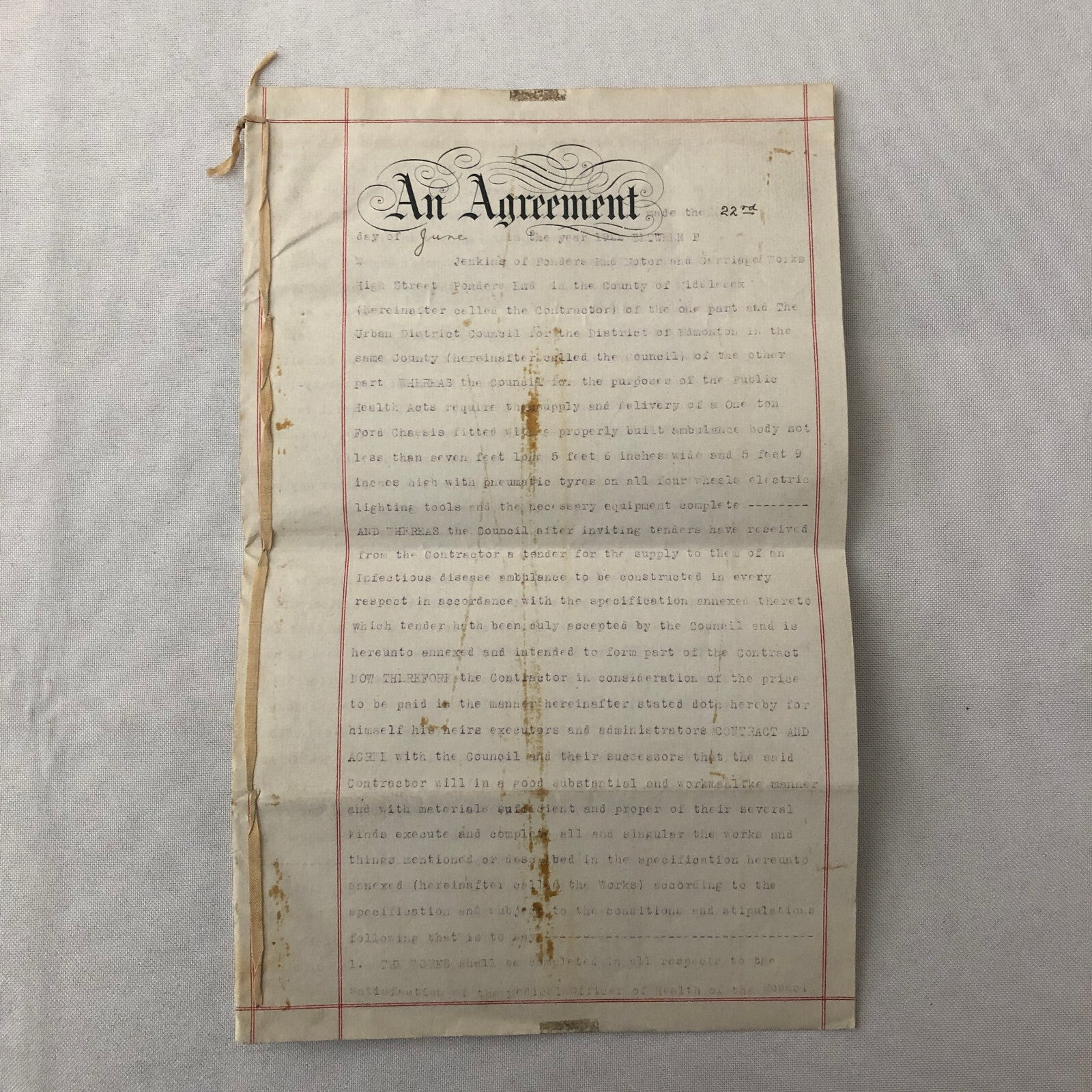1922 Government Contract for Infectious Disease Ambulance Edmonton London UK