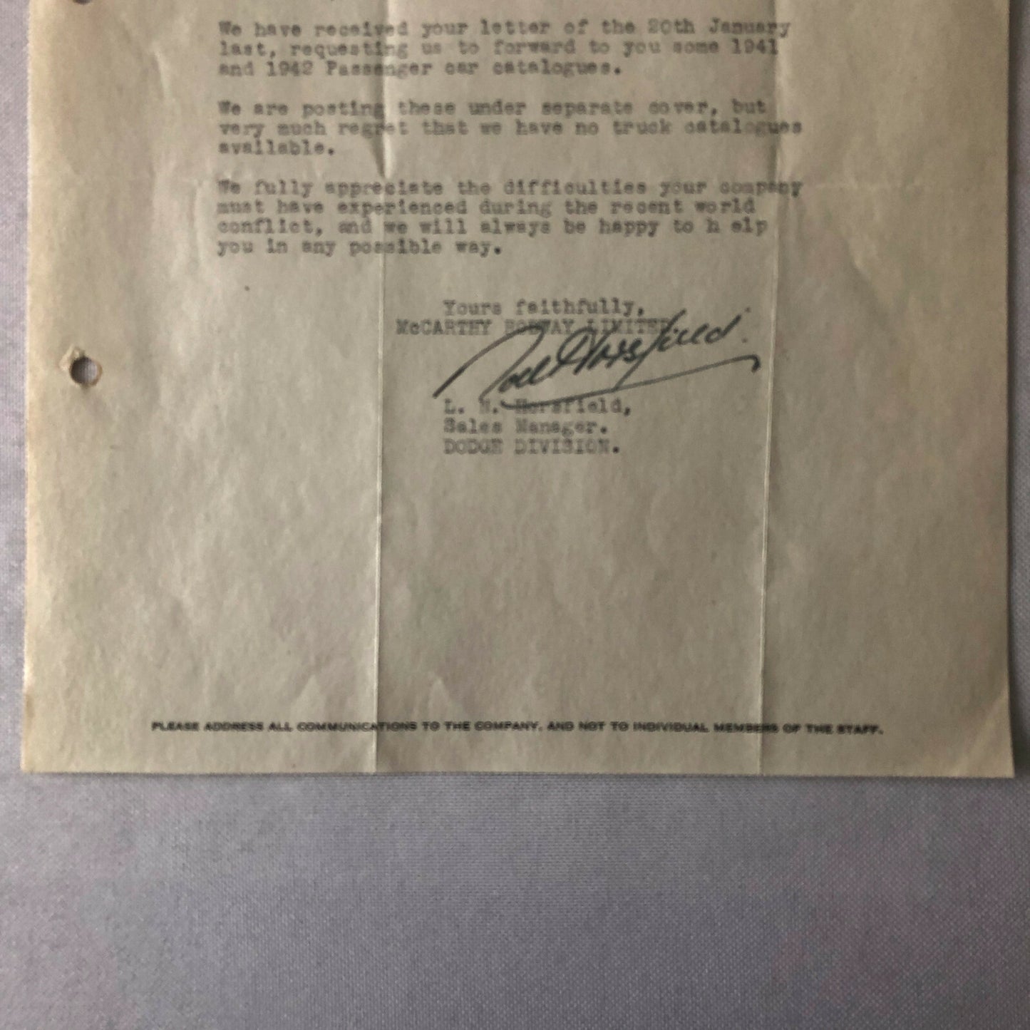 1947 Morris Dodge & Packard Car and Truck Dealership Letter Letterhead Document 