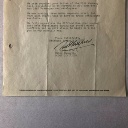 1947 Morris Dodge & Packard Car and Truck Dealership Letter Letterhead Document 