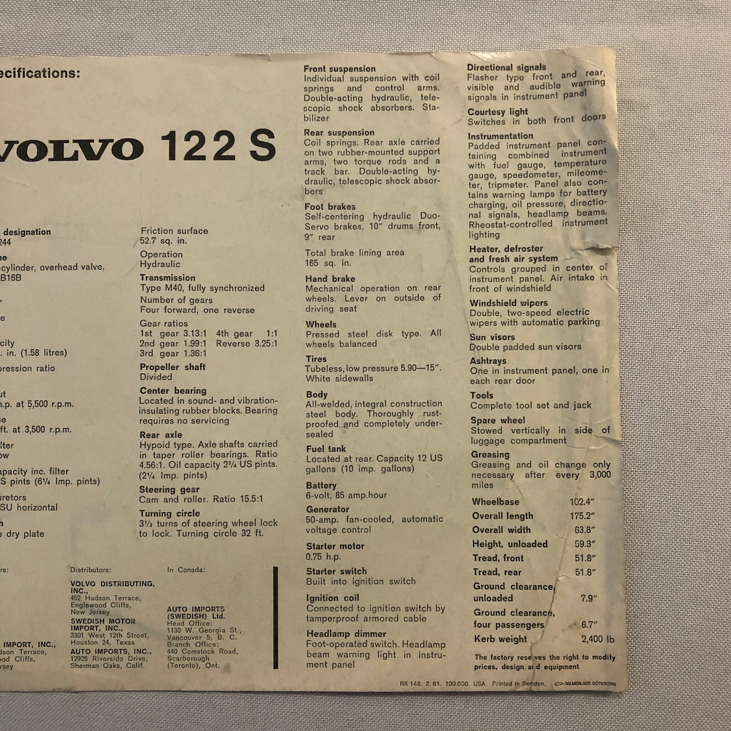 Vintage Volvo 122 S Car Automobile Sales Sheet Brochure Advertising