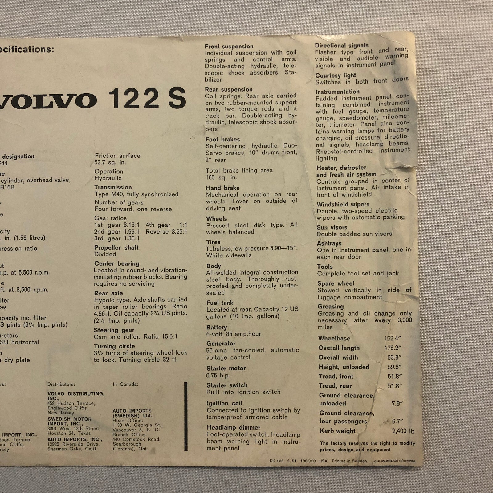 Vintage Volvo 122 S Car Automobile Sales Sheet Brochure Advertising