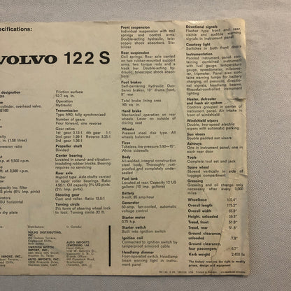 Vintage Volvo 122 S Car Automobile Sales Sheet Brochure Advertising