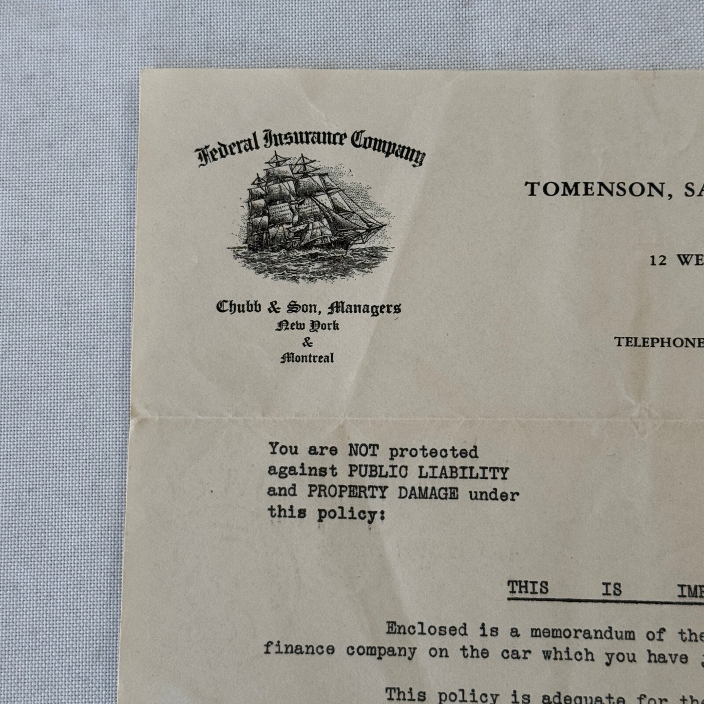 Vintage Toronto Federal Insurance Company Letterhead Letter Document