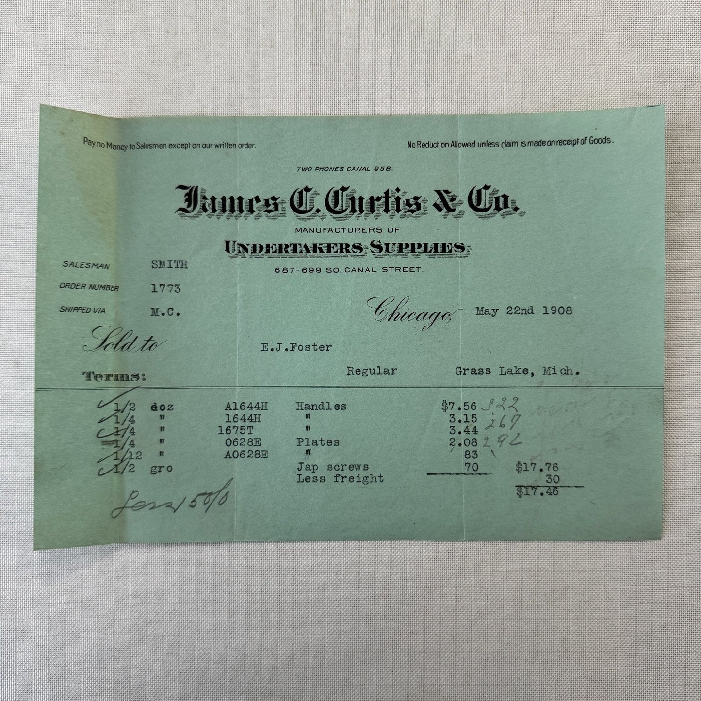 James C Curtis Company Undertakers Supplies Invoice Document 1908 Chicago