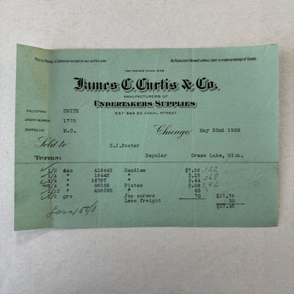James C Curtis Company Undertakers Supplies Invoice Document 1908 Chicago