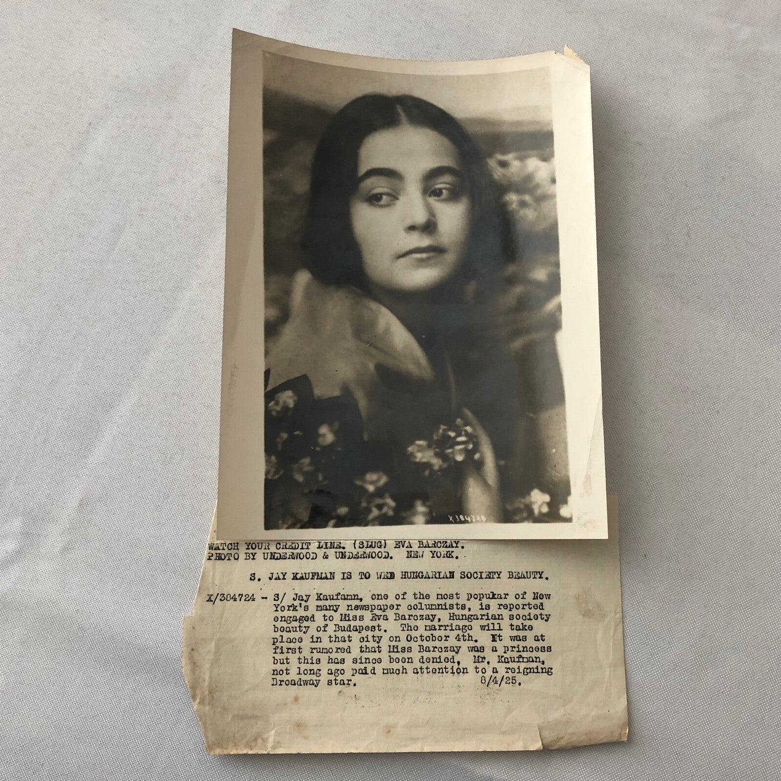 Press Photo Photograph Society Girl Engagement to Newspaper Columnist 1925 NY