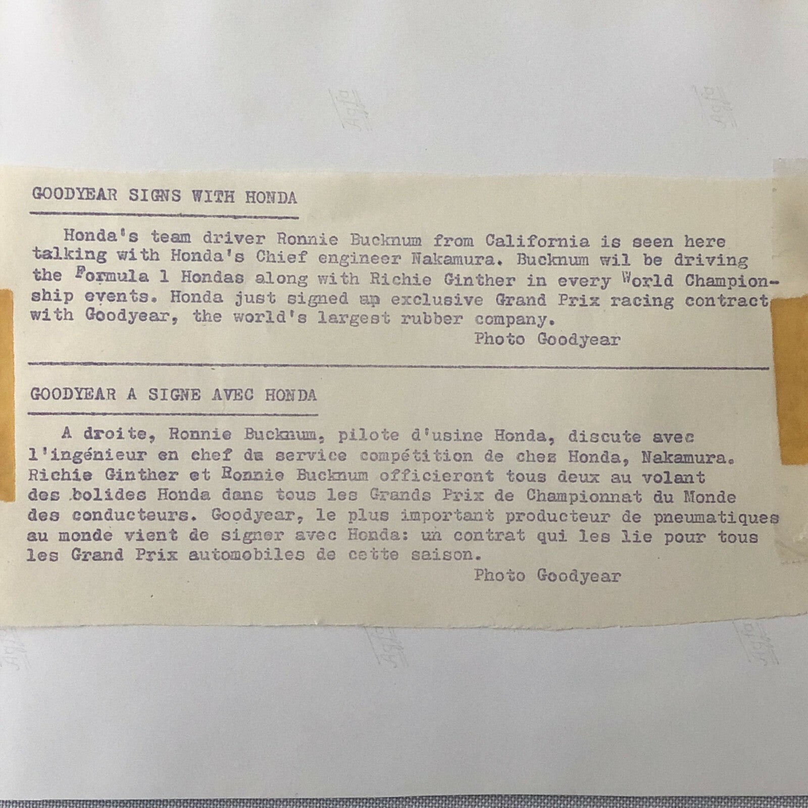 Vintage Honda Racing Photo Photograph Ronnie Bucknum Nakamura Goodyear Tire 