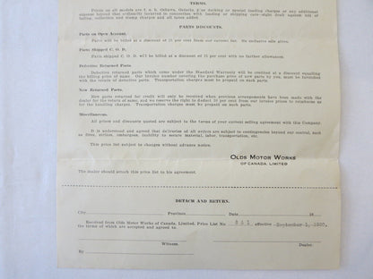 1920 Oldsmobile 45B Motor Car Factory Pricing Document Letterhead 