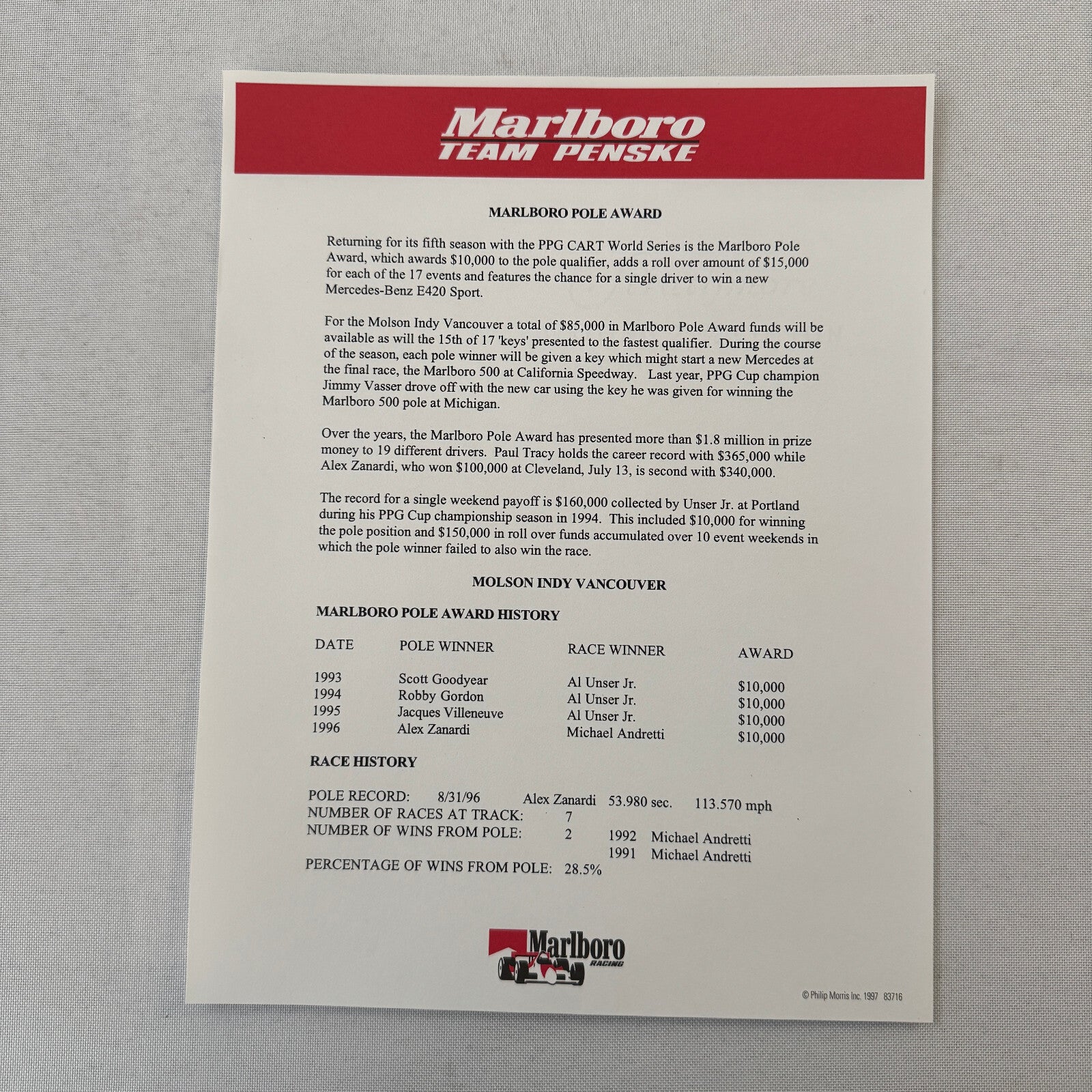 1997 CART Marlboro Team Penske Racing Press Kit Paul Tracy Al Unser Jr