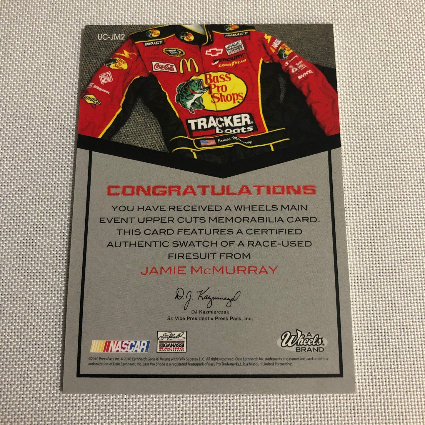 2010 Wheels Uppercuts Jamie McMurray Race Used Firesuit Relic Card /199 NASCAR